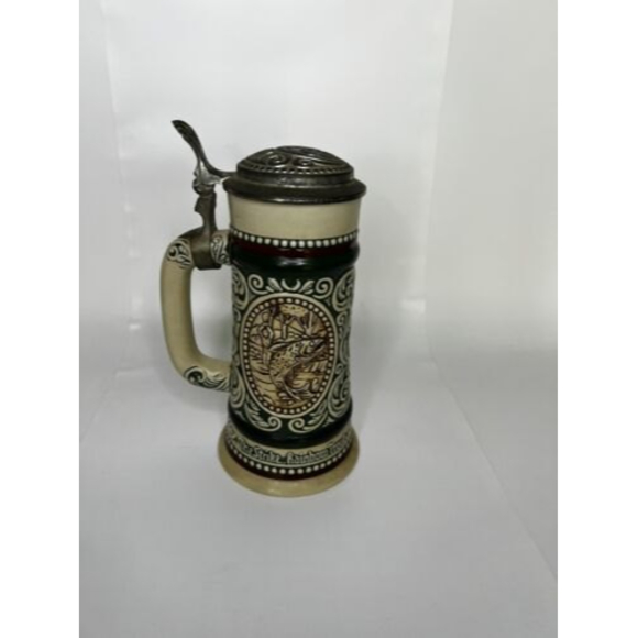 Vintage 1978 AVON Fishing Lidded Beer Stein Mug Rainbow Trout Hunting Dog - Picture 2 of 8